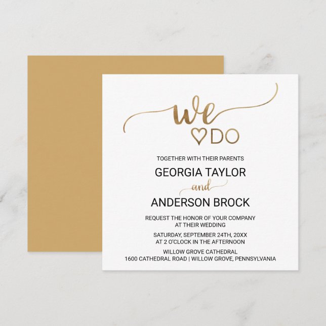 Invitation Simple Gold Calligraphie "We Do" Carré Mariage (Devant / Derrière)