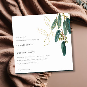 Invitation Simple Gold Green Eucalyptus Foliage Vow Renouvell