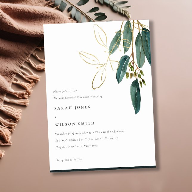 Invitation Simple Gold Green Eucalyptus Foliage Vow Renouvell (Créateur téléchargé)