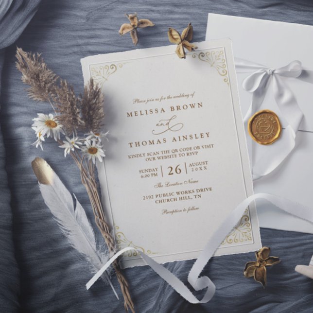 Invitation Simple Gold Minimalis Elegant Chic QR Code Wedding (Créateur téléchargé)