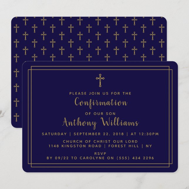 Invitation Simple Gold & Navy Blue Cross Confirmation (Devant / Derrière)