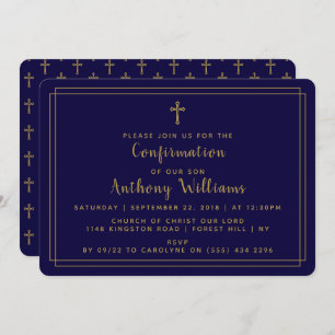 Invitation Simple Gold & Navy Blue Cross Confirmation