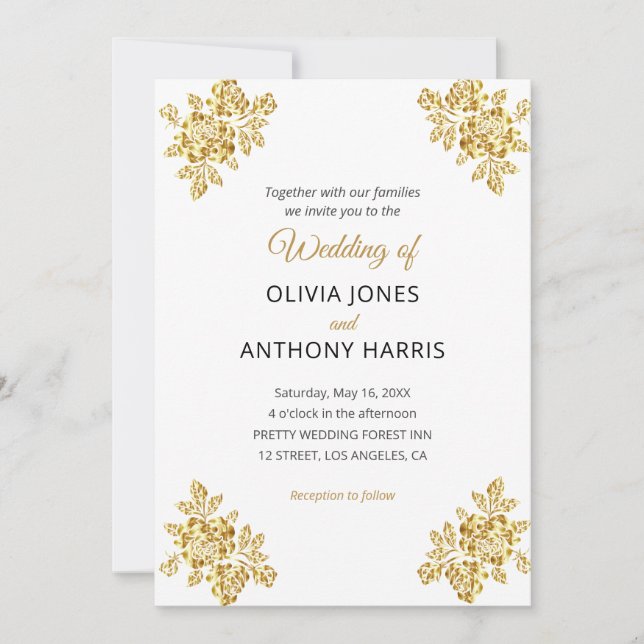 Invitation Simple Gold Roses Elegant Modern Floral Wedding  (Devant)