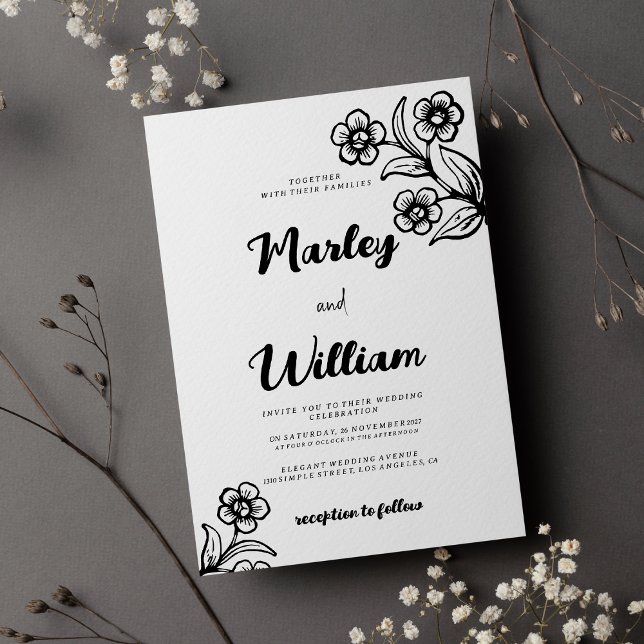 Invitation Simple gras noir typographie Mariage floral (Simple bold black white typography floral Wedding )
