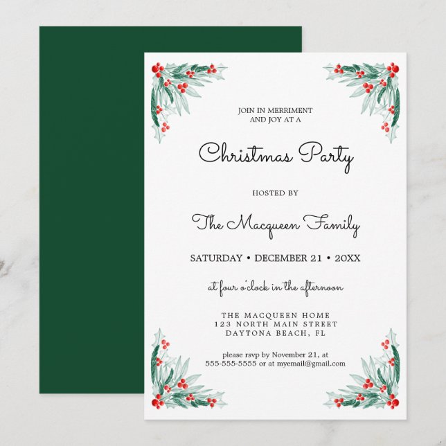 Invitation Simple Holly Berry Ivy Fête de Noël Feuille (Devant / Derrière)