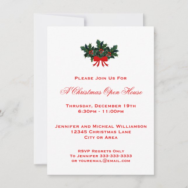Invitation Simple Holly Christmas Open House ou Parti N°2 Rou (Devant)