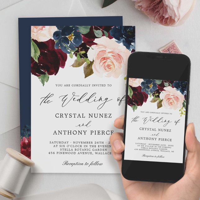 Invitation Simple luxueux Mariage floral de la marine bordeau (Créateur téléchargé)