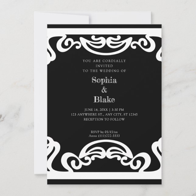 Invitation Simple Mariage Art déco noir et blanc (Devant)