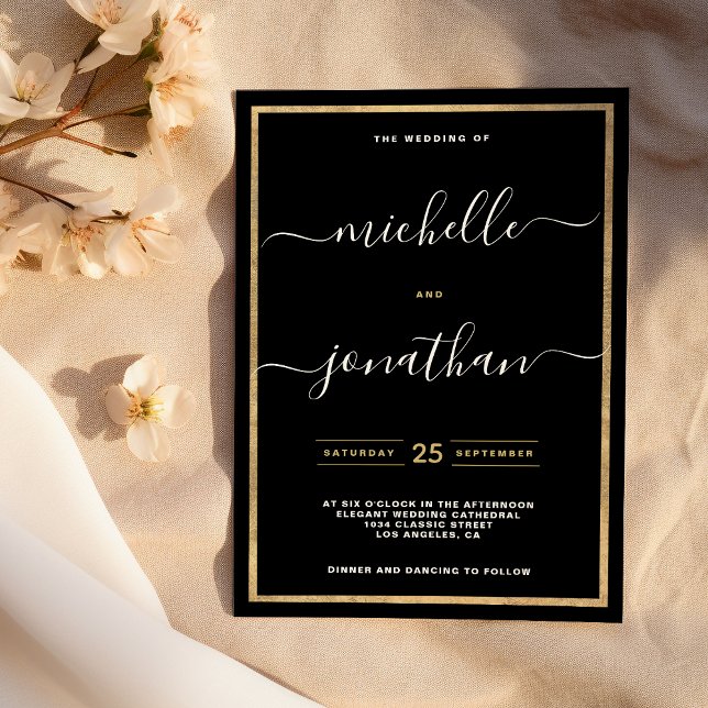 Invitation Simple mariage calligraphique minimaliste noir or (Simple minimalist black gold calligraphy wedding)