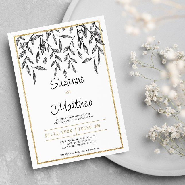 Invitation Simple mariage de feuillage floral noir (Simple black white gold floral foliage wedding)