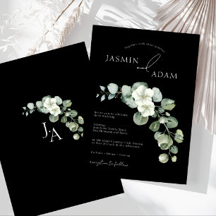 Invitation Simple Mariage Floral Eucalyptus Monogramme Noir
