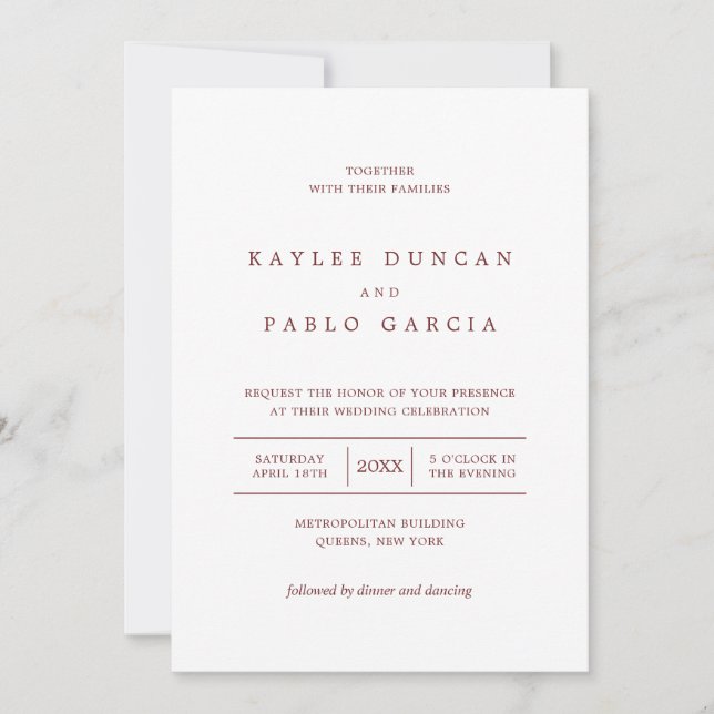 Invitation Simple Mariage minimaliste bordeaux et blanc (Devant)