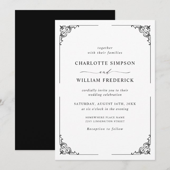 Invitation Simple Mariage noir et blanc élégant (Devant / Derrière)