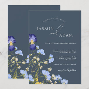 Invitation Simple Mariage Royal Bleu Opulence Fleurs Sauvages