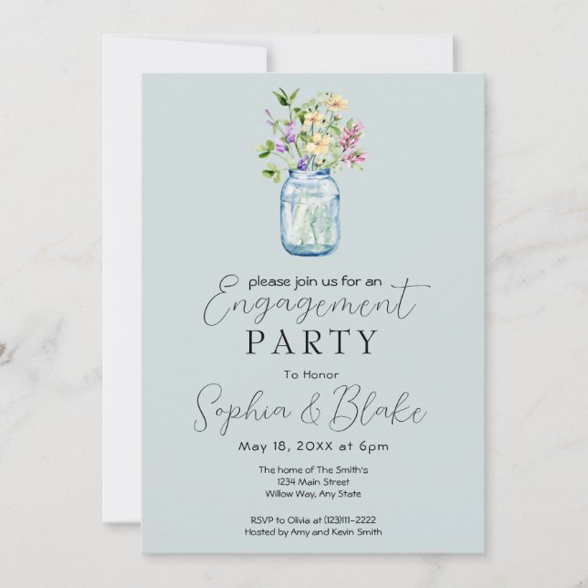 Invitation Simple Mason Jar Bouquet Blue Engagement Party (Devant)