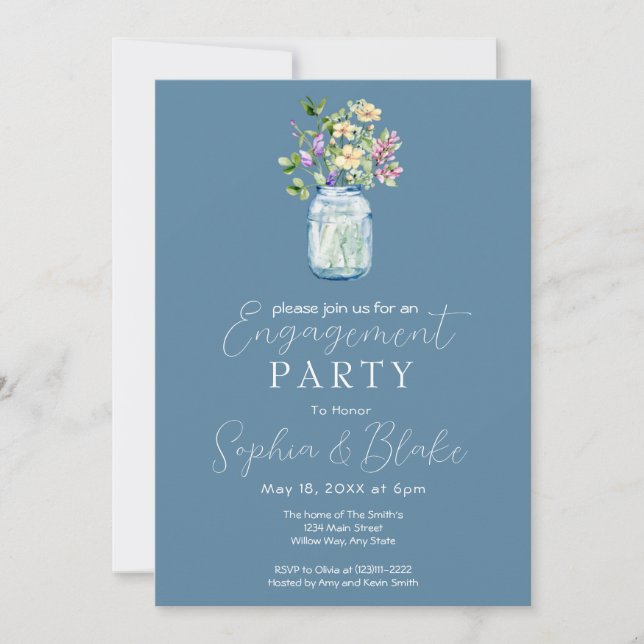 Invitation Simple Mason Jar Bouquet Blue Engagement Party (Devant)