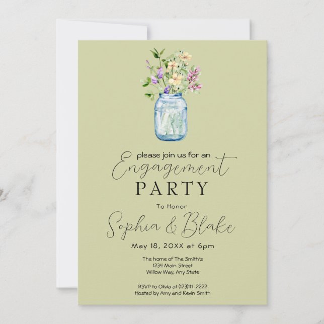 Invitation Simple Mason Jar Bouquet Green Engagement Party (Devant)