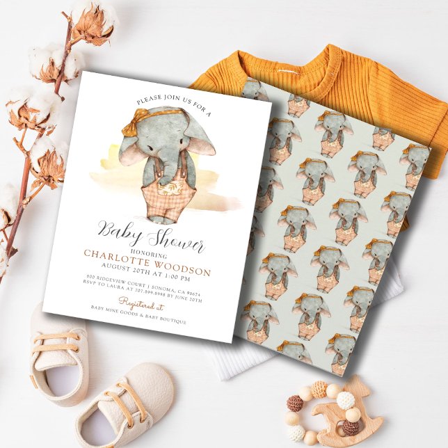 Invitation Simple mignonne Aquarelle Elephant Baby shower fil (Elephant Girl Baby Shower Invitation)