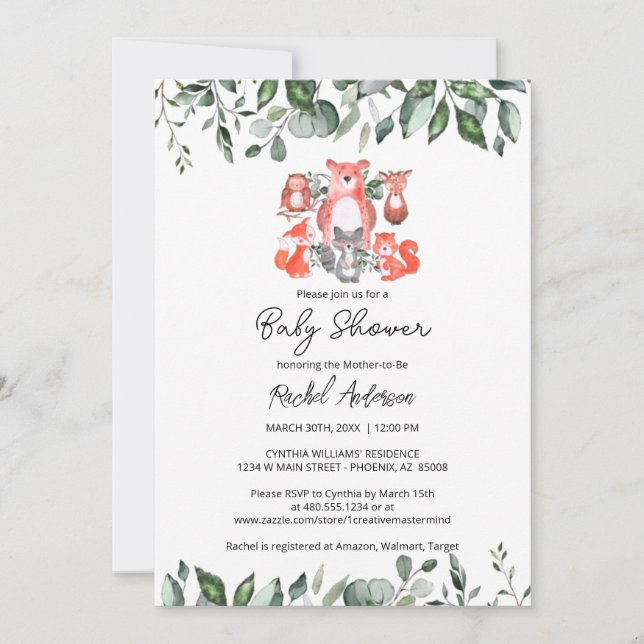 Invitation Simple mignonne Bois Animaux Baby shower vert (Devant)
