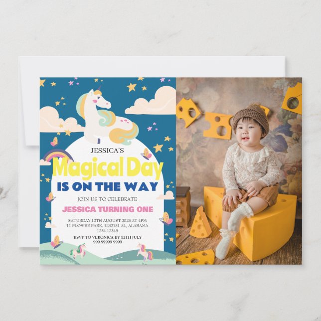 Invitation Simple mignonne fille photo Unicorn premier annive (Devant)