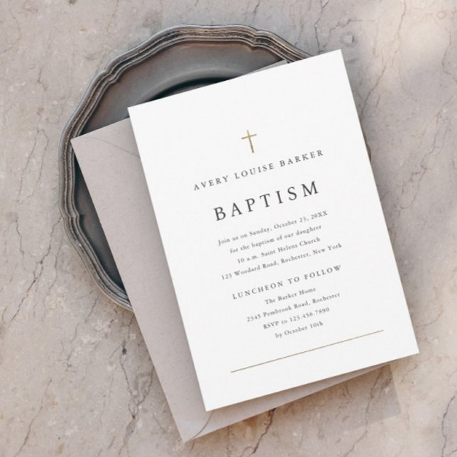 Invitation Simple minimal Gold Cross Baptême religieux (Créateur téléchargé)
