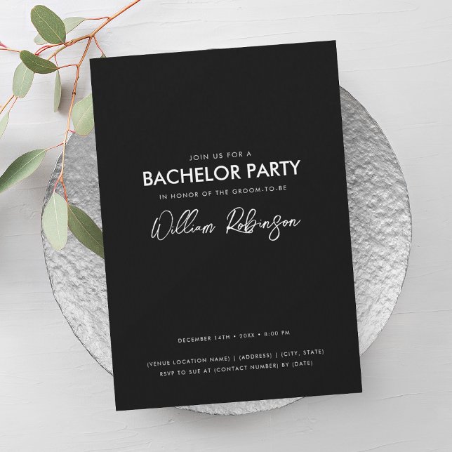 Invitation Simple minimaliste Black White Script Bachelor Par (Simple Minimal Black White Script Bachelor Party Invitation)