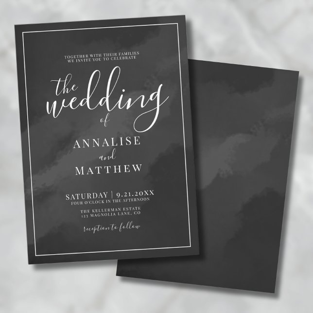 Invitation Simple minimaliste Elegant Aquarelle Mariage noir (Simple Minimalist Elegant Watercolor Black Wedding Invitation)