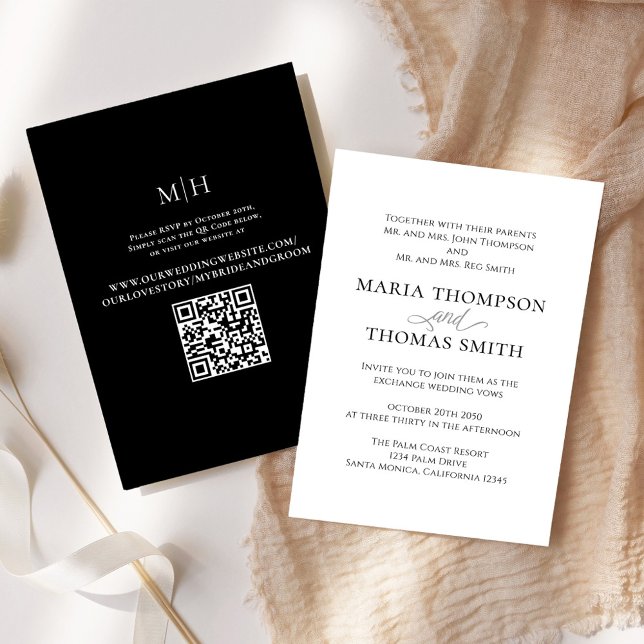Invitation Simple minimaliste noir et blanc (Simple black and white wedding invitation with scannable QR code. )