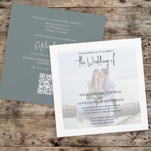 Invitation Simple minimaliste photo Dusty bleu QR Code RSVP