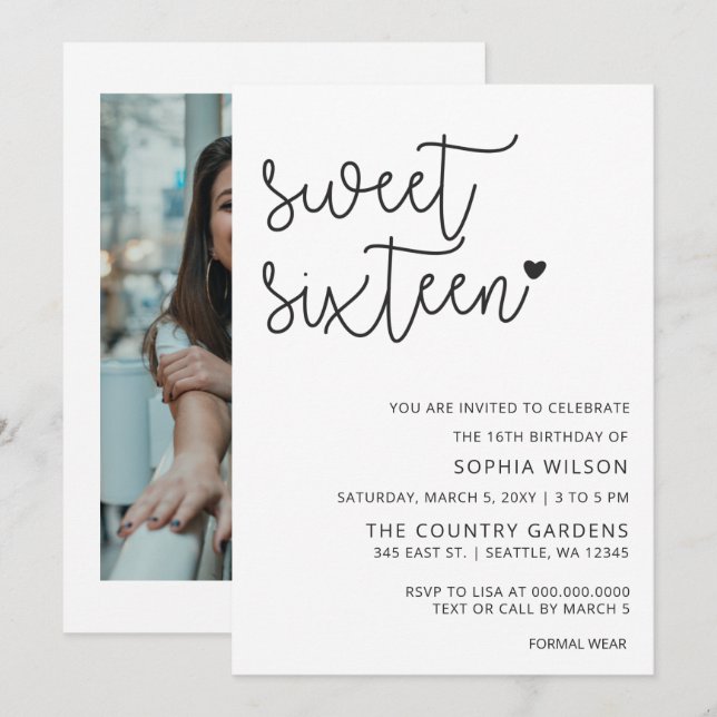 Invitation Simple minimaliste Script Sweet 16 Anniversaire Ph (Devant / Derrière)