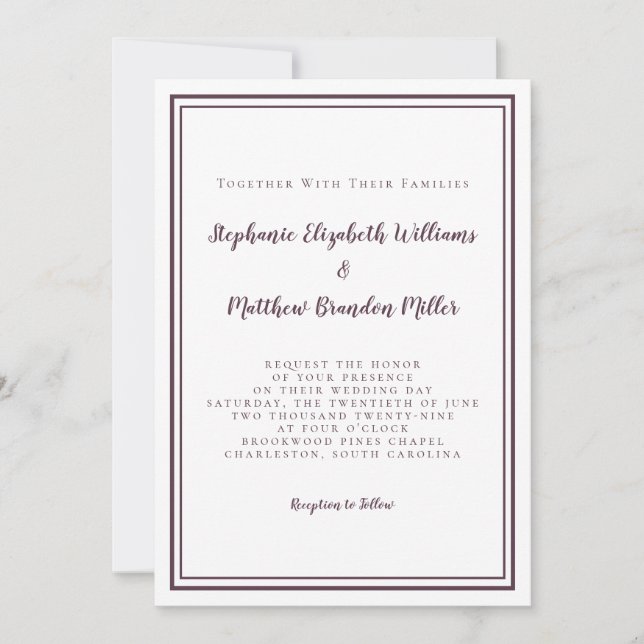Invitation Simple minimaliste violet blanc Mariage chic (Devant)