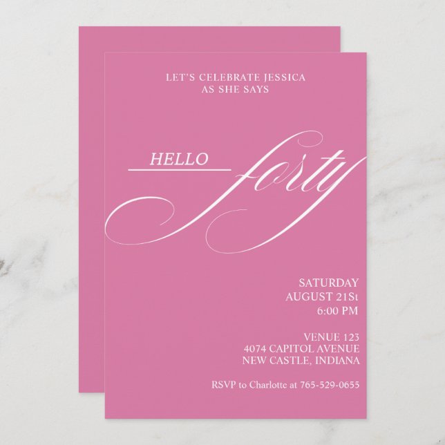Invitation Simple Modern Caligraphy Forty 40th Birthday Party (Devant / Derrière)