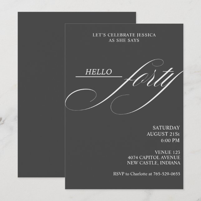 Invitation Simple Modern Caligraphy Forty 40th Birthday Party (Devant / Derrière)