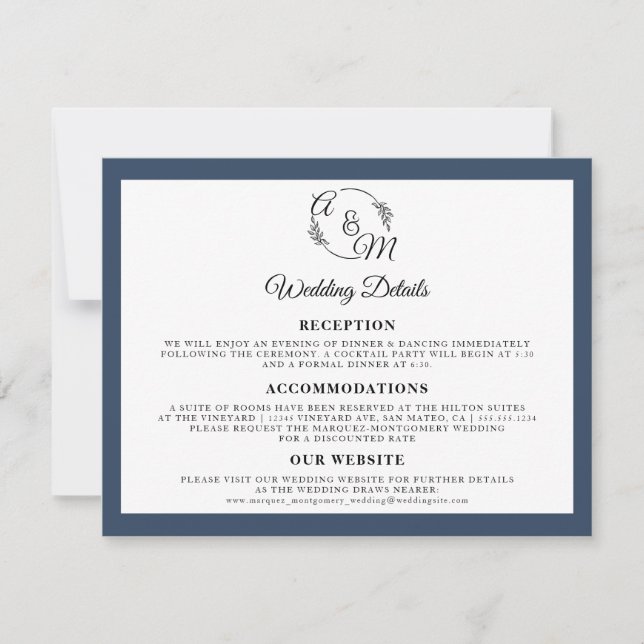 Invitation Simple Modern Elegant Marine Blue Détails Mariage (Devant)