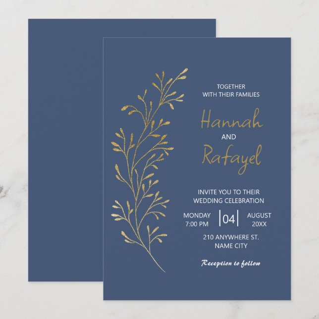 Invitation Simple Modern Gold Leaf Blue Wedding (Devant / Derrière)