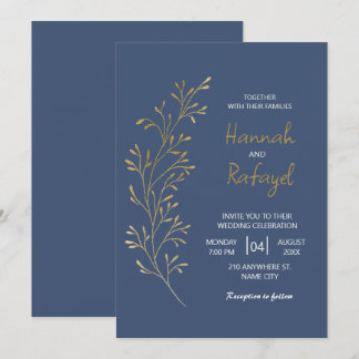 Invitation Simple Modern Gold Leaf Blue Wedding