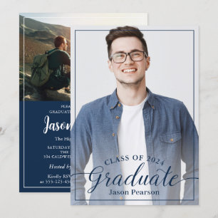 Invitation Simple Modern Navy Blue Script Graduation Photo