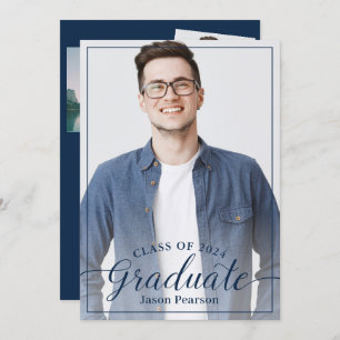 Invitation Simple Moderne 3 Photo Marine Bleu Script Graduati