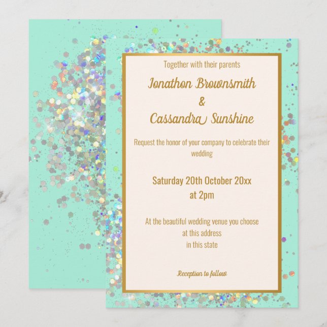 INVITATION SIMPLE MODERNE AQUA OR HOLOGRAPHIQUE PASTEL MARIAG (Devant / Derrière)