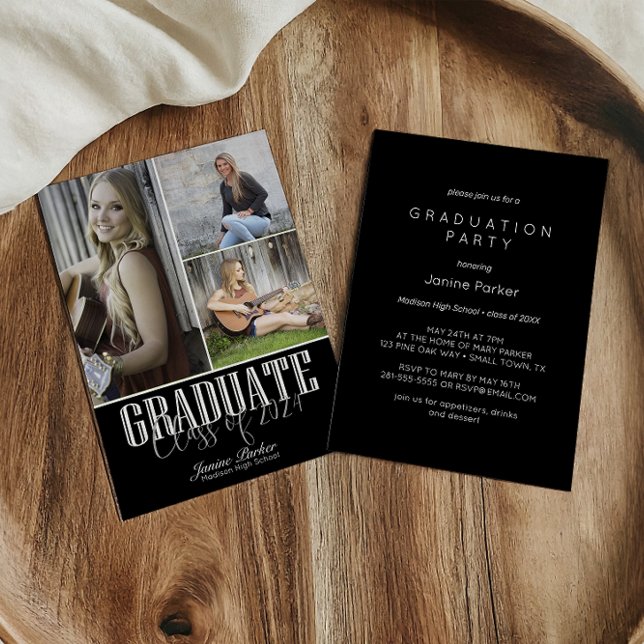 Invitation Simple moderne Black Photo Graduation Party (Créateur téléchargé)