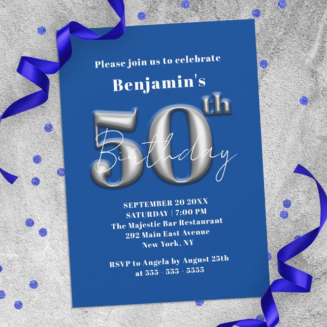 Invitation Simple moderne bleu et argent 50e anniversaire (Créateur téléchargé)