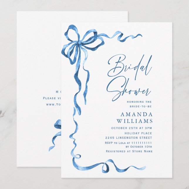 Invitation Simple Moderne Bleu Main Tirée Bow Bridal Brunch (Devant / Derrière)