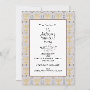 Invitation Simple moderne Blue jaune Menorah Hanoukka Party