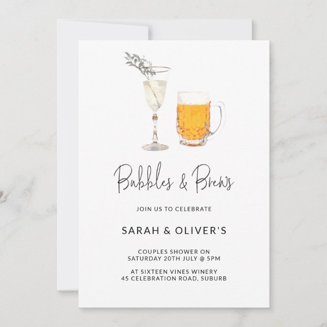 Invitation Simple Moderne Bubbles & Brews Couples Douche Phot (Devant)