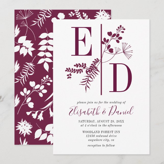 Invitation Simple moderne Burgundy Initiale Mariage (Devant / Derrière)