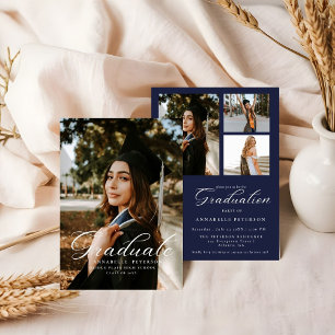Invitation Simple Moderne Calligraphie Photo Bleu Graduation