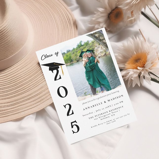 Invitation Simple Moderne Calligraphie Photo Twin Graduation (Créateur téléchargé)