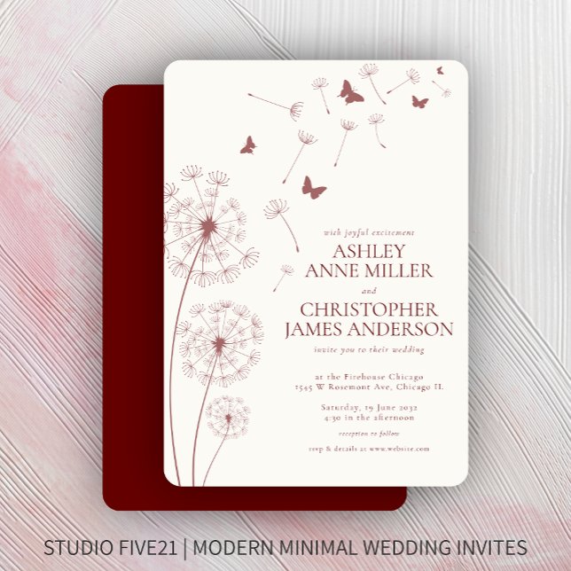 Invitation Simple moderne Crimson rouge Mariage Dandelion (Créateur téléchargé)