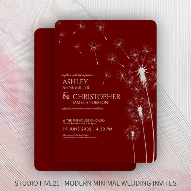 Invitation Simple moderne Crimson rouge Mariage Dandelion (Créateur téléchargé)