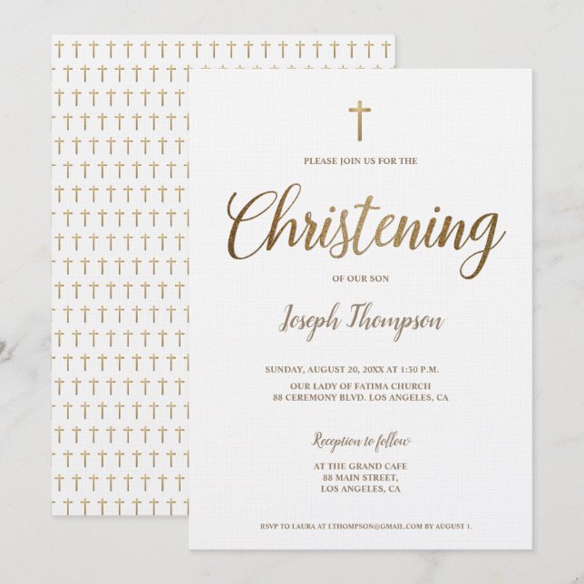 Invitation Simple moderne Croix d'or garçon Christening (Devant / Derrière)